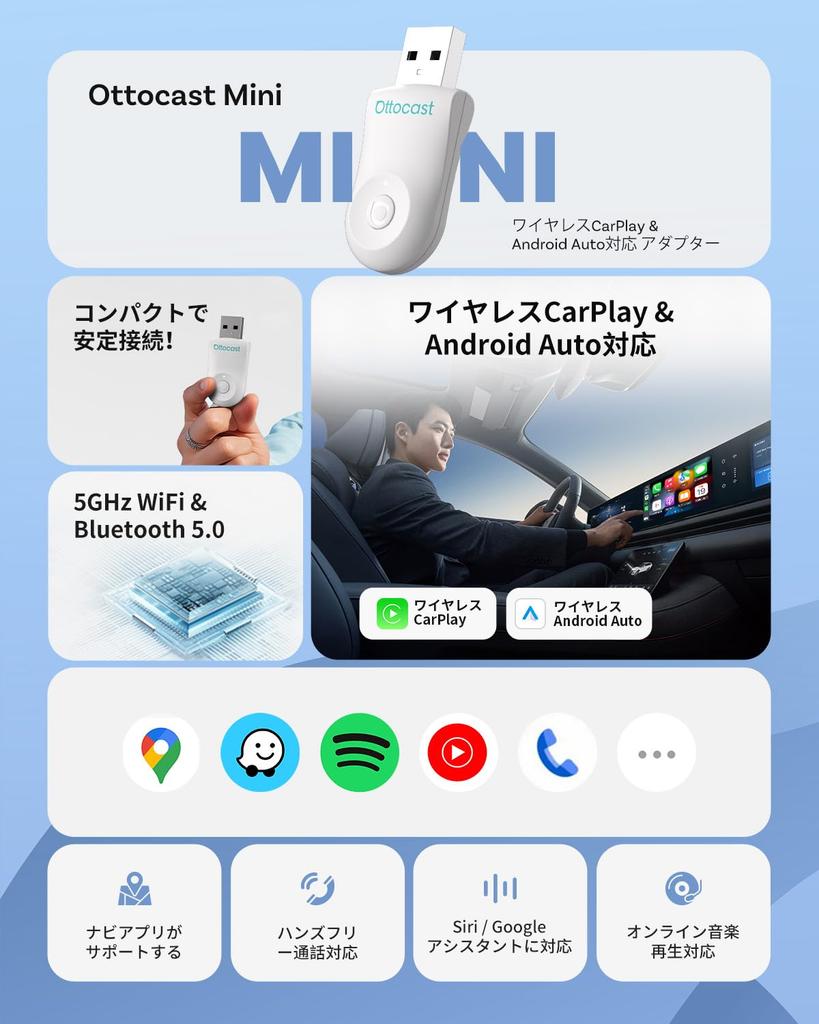 OTTOCAST Wireless Auto Adapter for Mini Compatible with Genuine Wired Auto Compatible Supports Bluetooth Music and Plug Automatic Compatible with Over