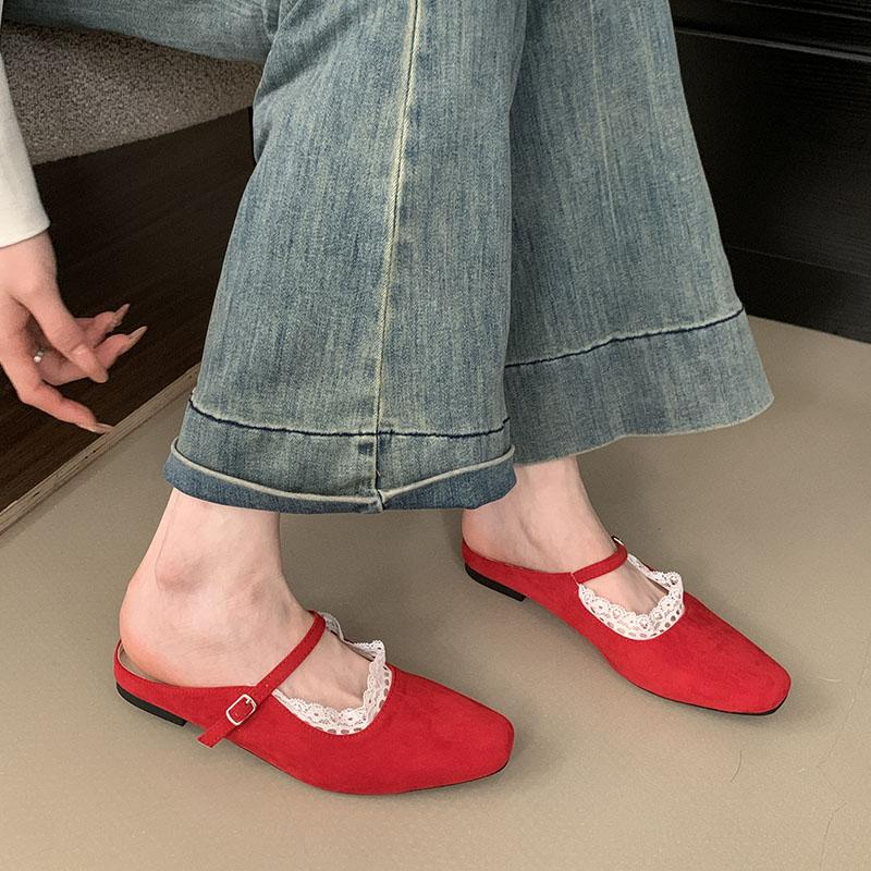 Fashion Shallow Fashion Buckle Ladies Flats Mary Janes Shoes Female Slides Square Toe Footwear Slip On Women Flats With Shoes