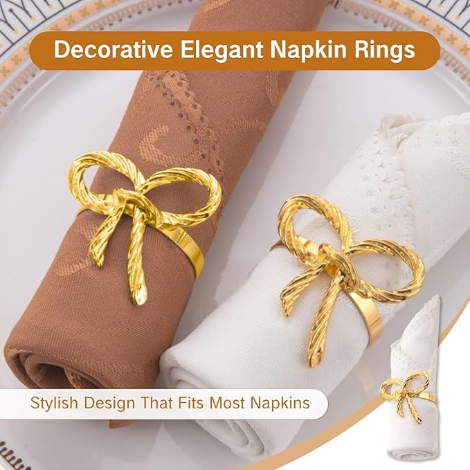 6Pcs Bow Christmas Napkin Rings Vintage Gold Ring Holders for Table Cloth Napkins for Dinner Parties Wedding Banquet Table Decor
