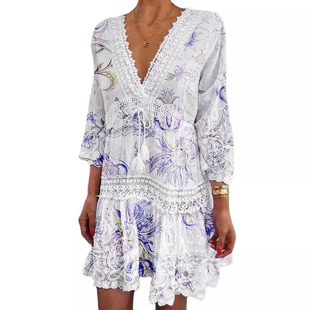 

Women s Floral Print V-Neck Ruffled Dress with Lace Trim and Tassel Detail, Boho Summer Dress, Casual Sleeve Dress 4XL