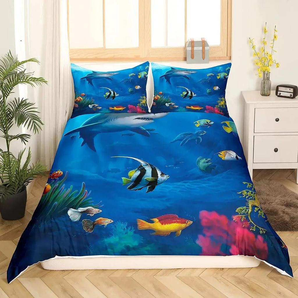 Fisch Bettwäsche-Set Ozean Bettwäsche-Sets 3D Gedrucktes Unterwasserwelt mit Hai Delfin Korallenriff Muster Bettbezug-Set