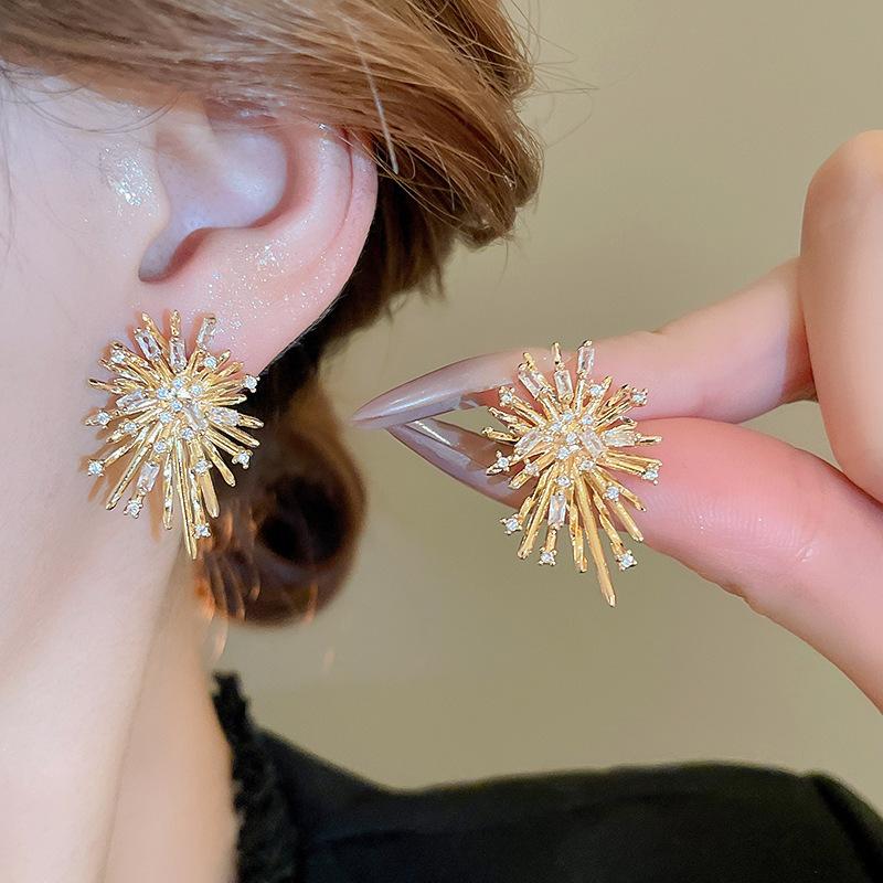 Zircon Metal Fireworks Earrings Korean Niche Cold Wind Earrings Temperament Versatile Earrings