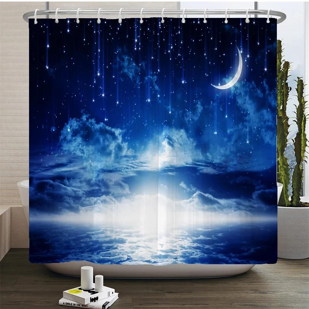 Full Moon Starry Sky Shower Curtain Midnight View Dreamy Mystic Bathroom Curtains Waterproof Fabric Home Decor Curtain With Hook
