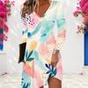 Women Plus Size V Neck Long Sleeve Printed Beige Orange Blue A Line Dress