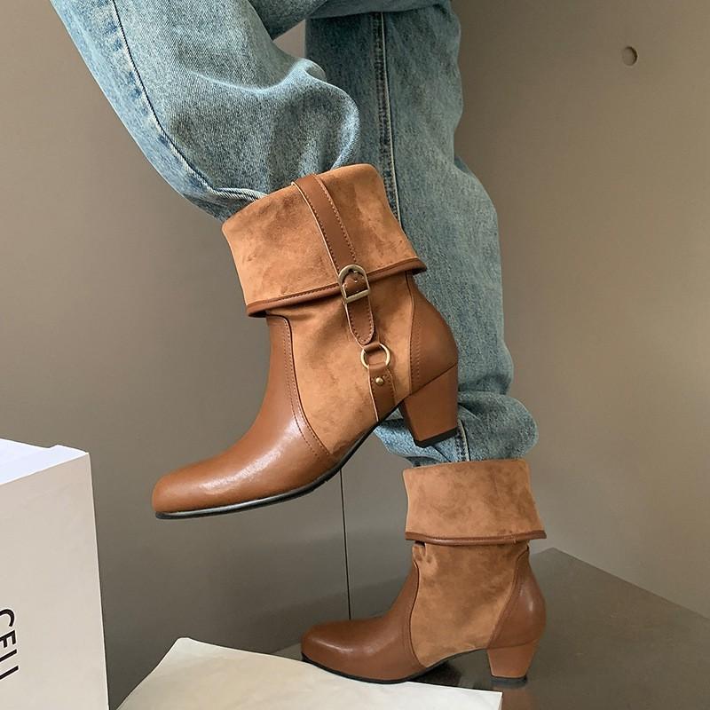 Womens Round Toe Chunky Heel Ankle Boots Winter Slip On Fashion Western 5cm