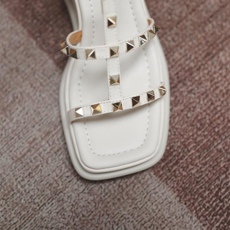 Fashion Women's New Spring/Summer Genuine Leather Cowhide Metal Rivet Loose Buckle High Heel Slope Heel Large Roman Sandals