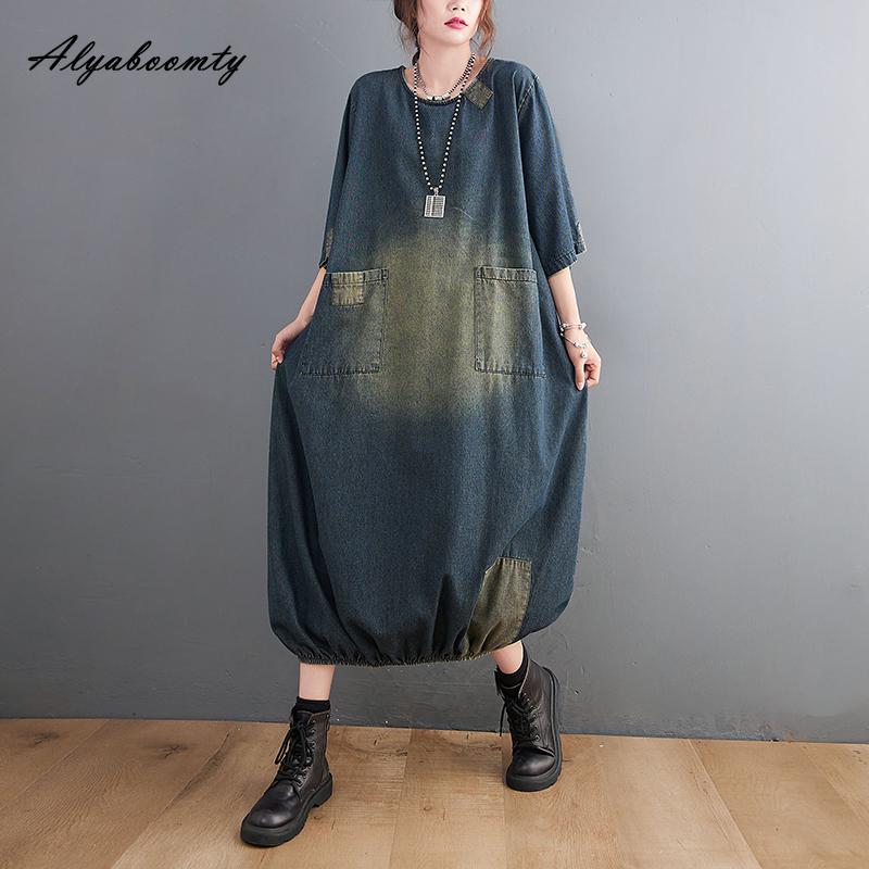 Plus Größe Frühling Sommer Frauen Denim Midi Kleid O Neck Patchwork Übergroßen Taschen Kleid Halbe Hülse Vintage Lose Kleid
