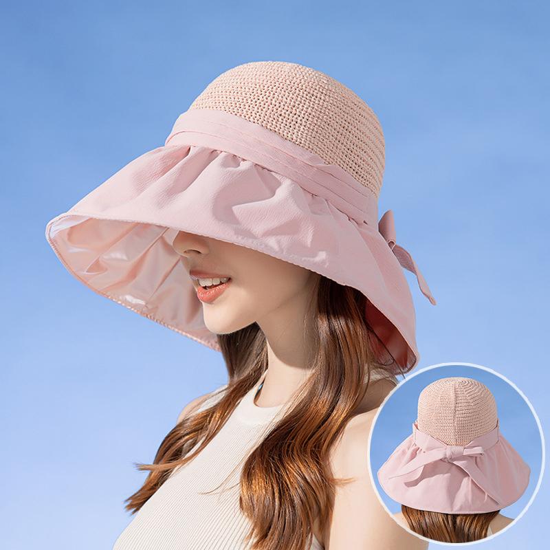 Luxury Summer Bucket Hat for Women Breathable Mesh Spliced 12cm Large Brim Sun Cap Candy Color Elegant Ladies Casual Bow Top Hat