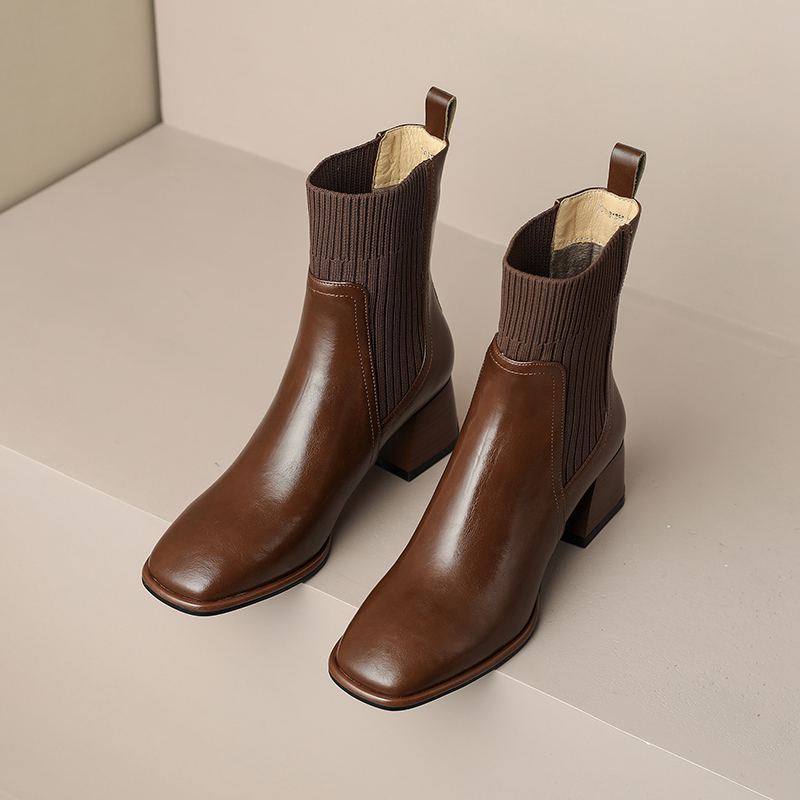 Krazing Pot Cow Skin Autumn Winter Shoes Thick Med Heels Size 43 Western Boots Slip on Stretch Knitwear Ankle Boots