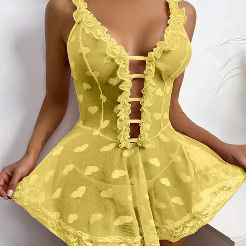 

Women Nightwear Female Temptation Nighties Sleeping Dress Mesh Sling Nightdress Erotic Lace Lingerie Sexy S-5XL S жёлтый