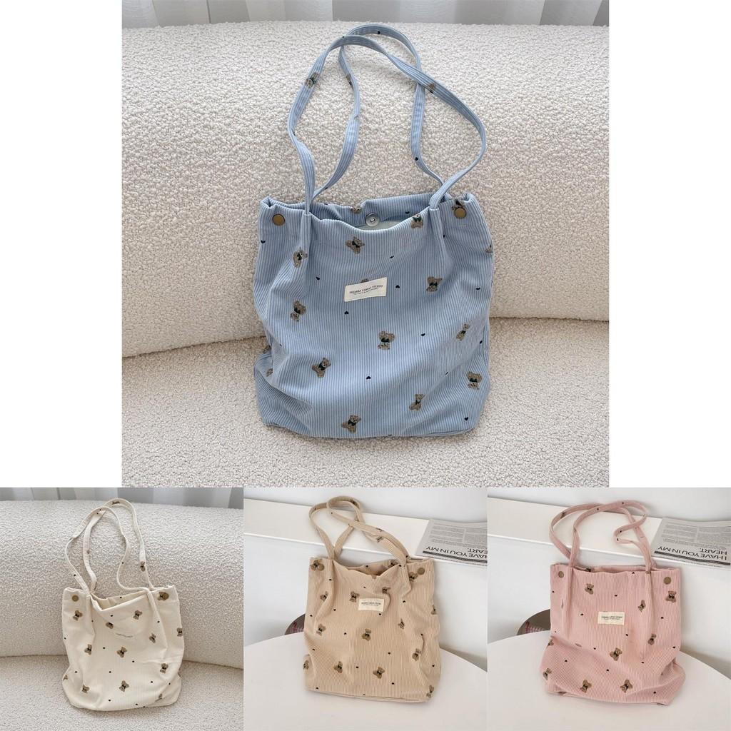 Adorable Corduroy Bear Print Canvas Tote Bag Spacious Soft Shoulder Bag For Students