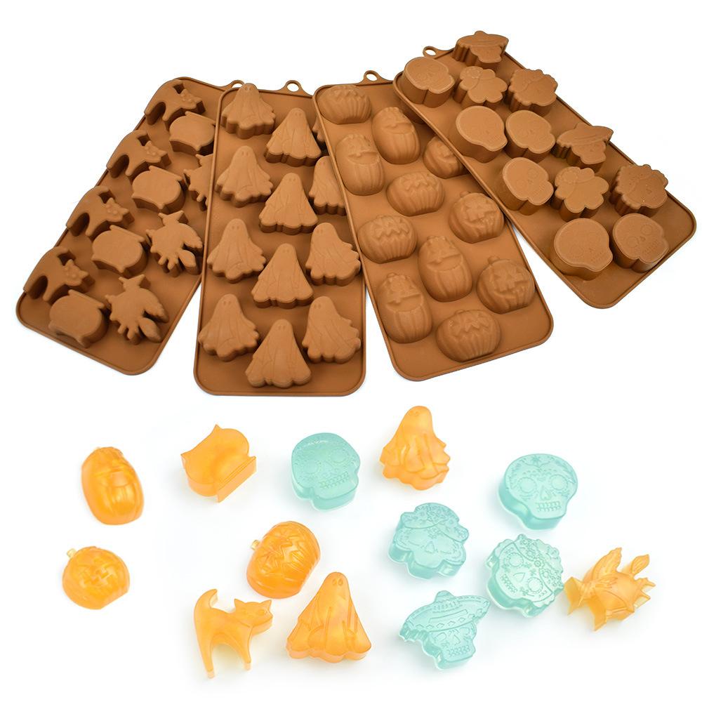 Halloween Molds Silicone Chocolate Molds Skull Ghost Pumpkin Witch Design Cake Molds Halloween Dessert Decorating Baking Tools