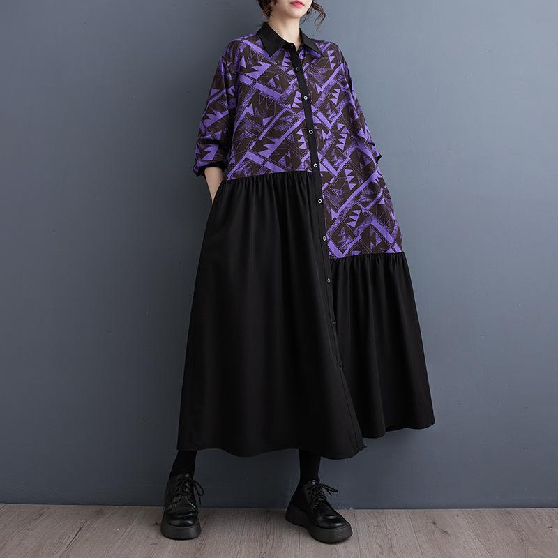 Jarní a podzimní dámské šaty volné nadměrné velikosti s potištěným spojováním, středně dlouhé literární retro šaty s dlouhým rukávem