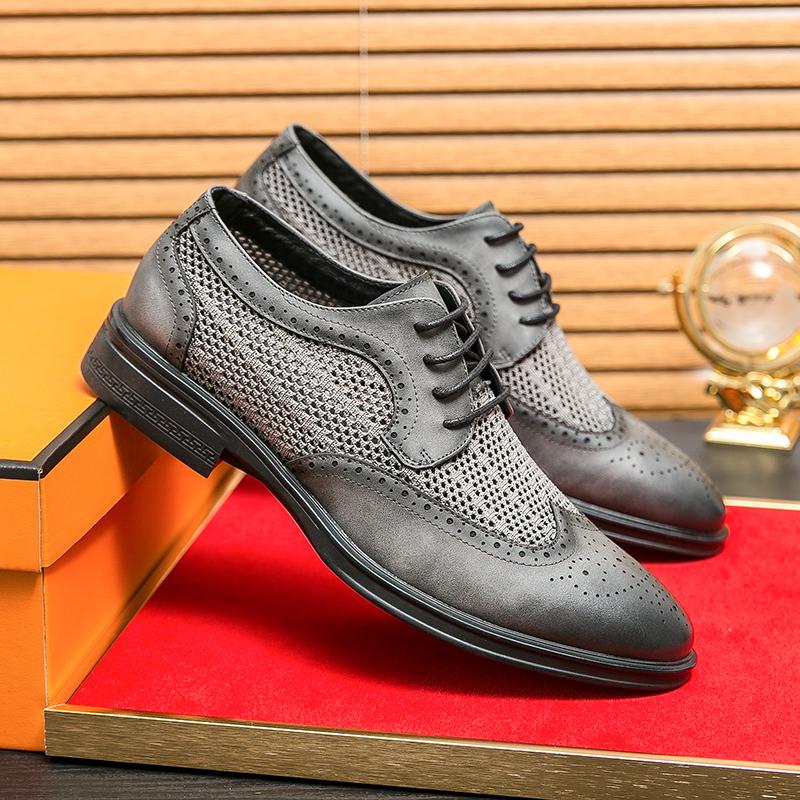 Fashion Men Classic Artificial Leather Oxfords Shoe Business Formal Lace Up Leather Dress Shoes Summer Fashion Breathable Men Mesh Shoes