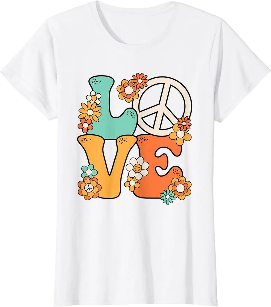 Peace Sign Love 60s 70s Costume Groovy Hippie Theme Party T-Shirt Four Seasons Tees Cotton Casual Daily Harajuku Streetwear