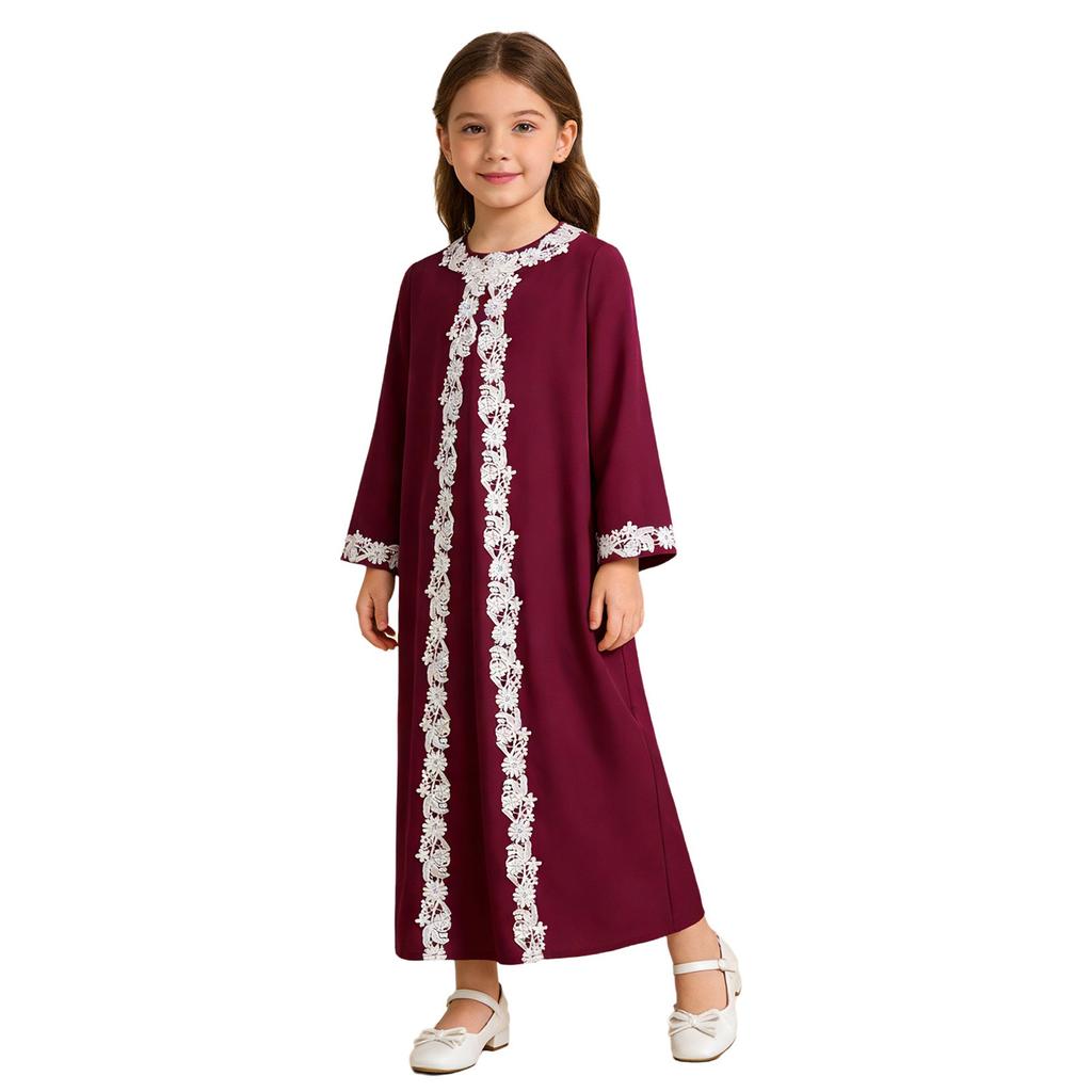 Girls Embroidered Lace Muslim Robe Abaya Round Neck Long Sleeve Back Invisible Zipper Loose Dress