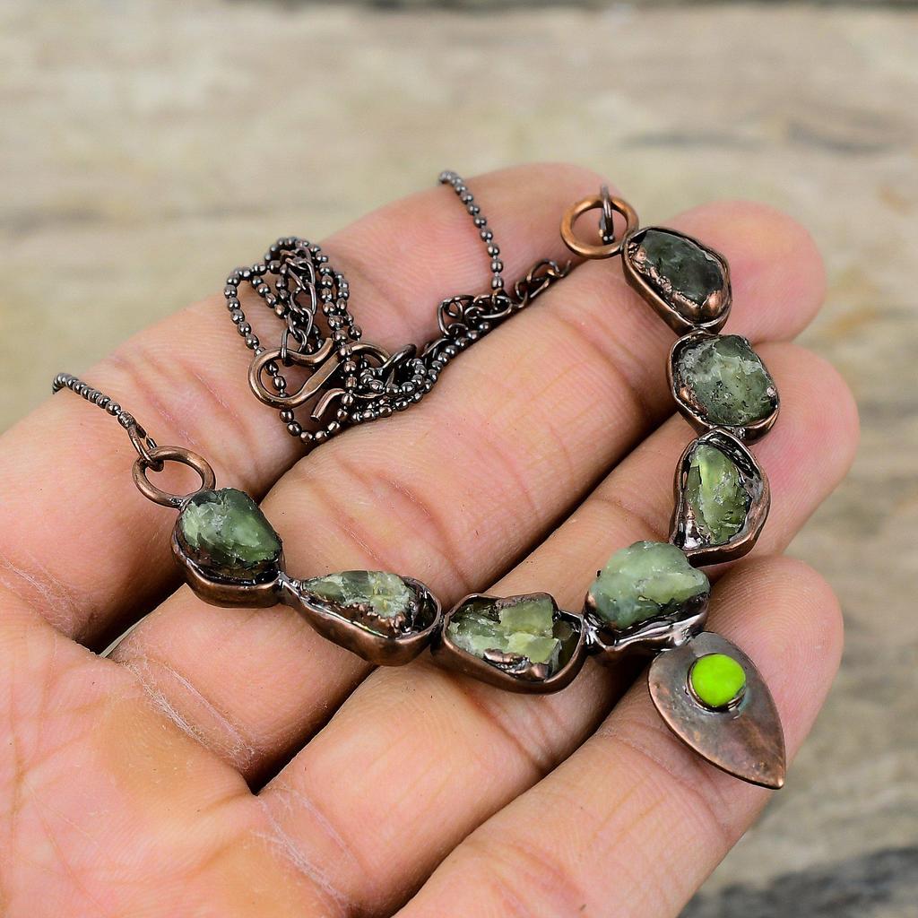 Green Tourmaline Rough Necklace Electroformed Copper Necklace Real Gemstone Jewelry Adjustable Chain Necklace Handmade Electroformed Jewelry