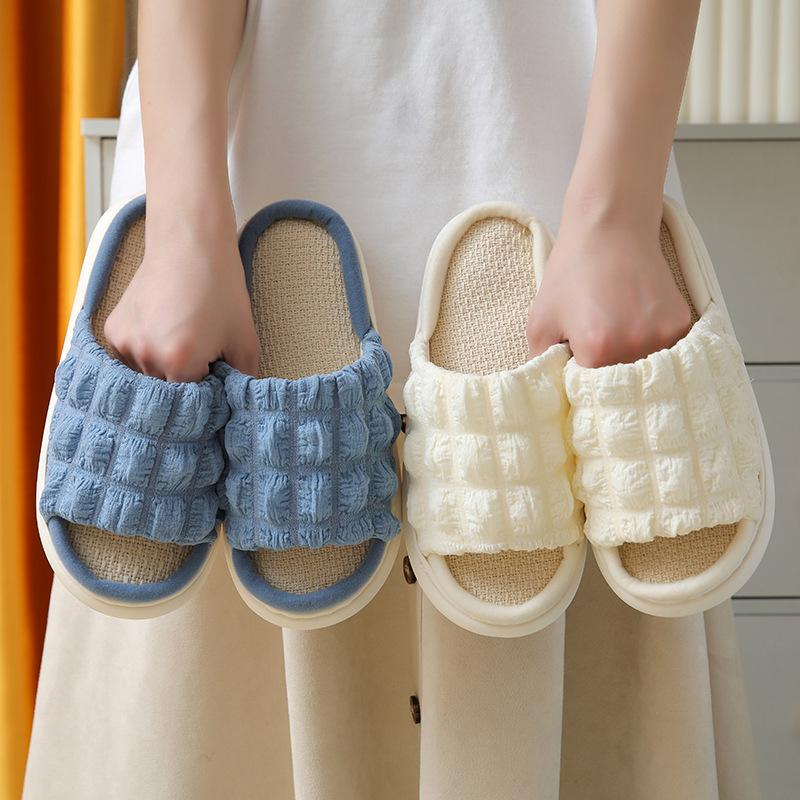 Puff linen slippers four seasons thick bottom home fabric sandals indoor couple cotton and linen slippers women