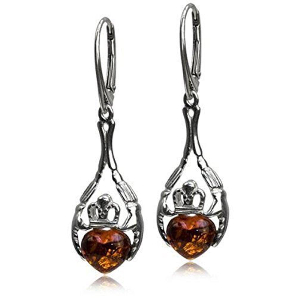 Honey Amber Sterling Silver Claddagh Earrings