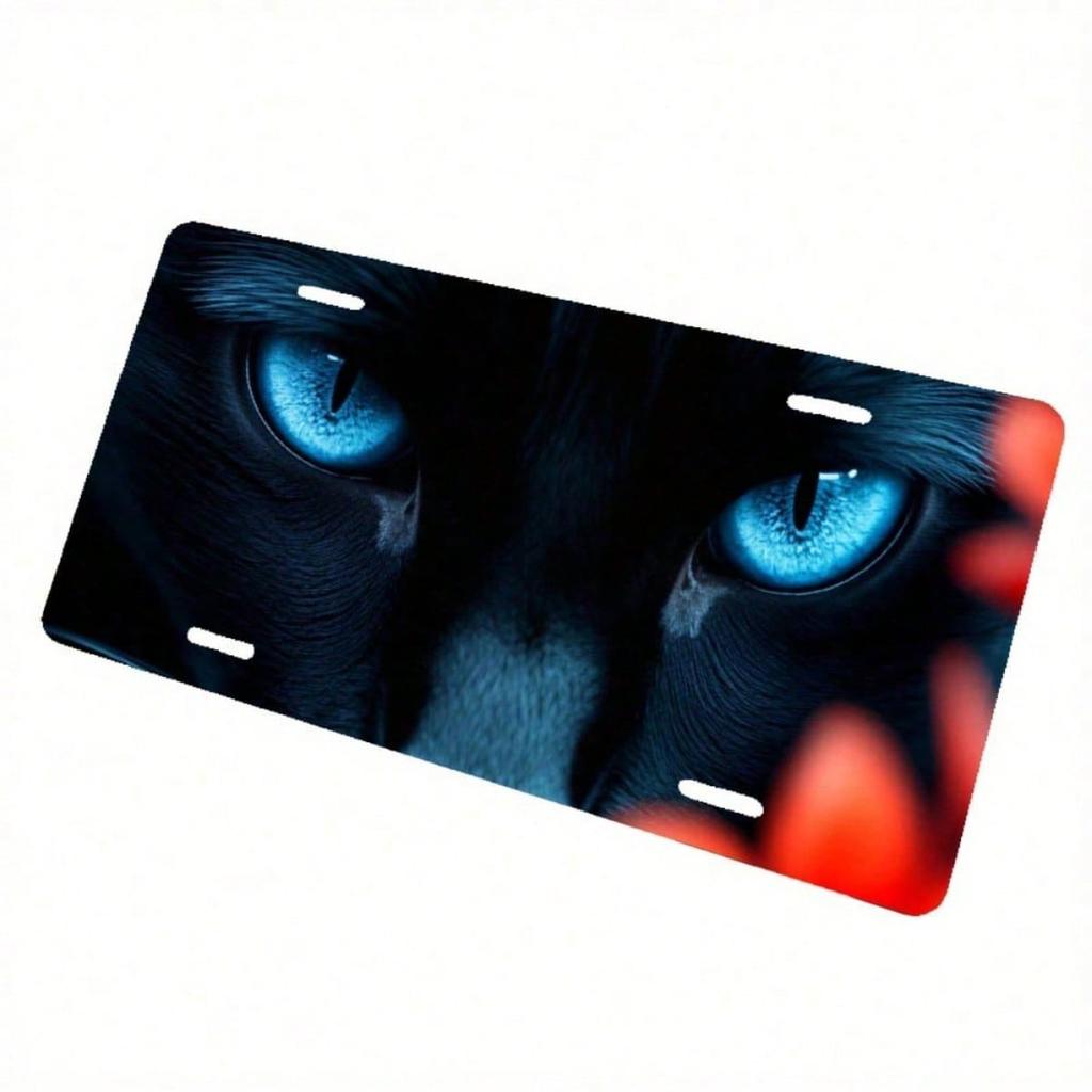 2D Blue-Eyed Black Cat Red Flower License Plate Frame, Waterproof Aluminum Front Car Tag Cover, Cute Floral Decorative Exterior