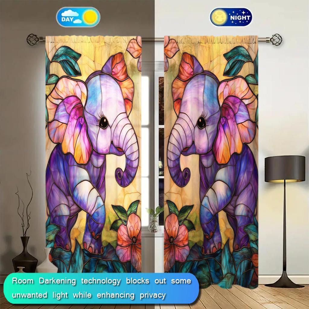 Panels Stained Glass Cute Little Elephant Semi Curtain Half Suitable Home Decorative Curtains Artistic Room Darkening Made Of Polyester