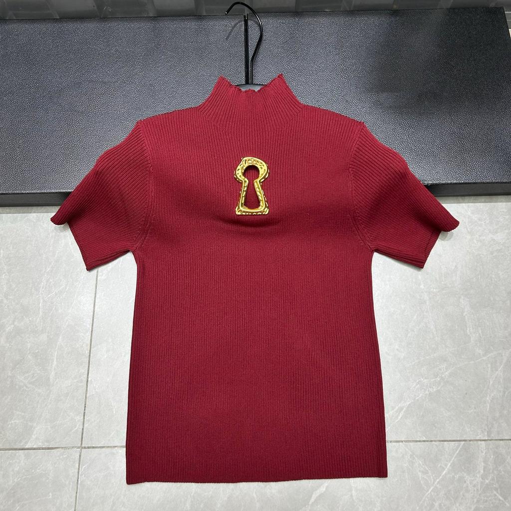 Spring Summer Hollow Out Spliced Metal Buckle T Shirts for Women Turtleneck Short Sleeve Minimalist Slimming T Shirt Female 2026
