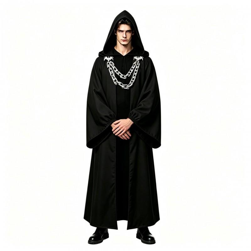 Halloween Dark Chain Hooded Robe Set Medieval Wizard Priest Cosplay Costume Party Outfit