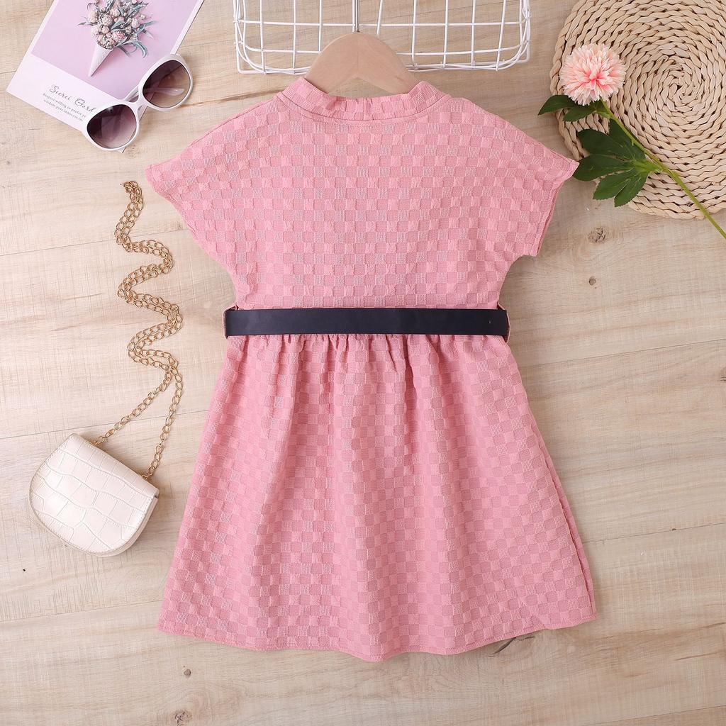 Vestido da Moda para Meninas, Vestido de Verão Infantil de Cor Sólida Quadrado Elástico de Manga Curta com Cinto