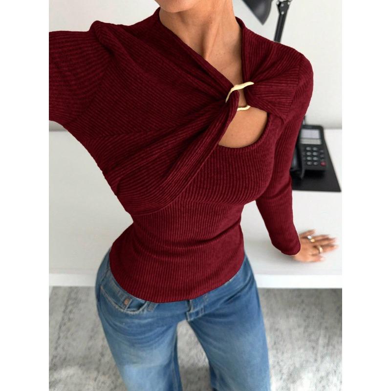 Women's Spring Fall Long Sleeve Asymmetrical Draped T-Shirt with Metal Button Accent Cutout Detail Soft Casual Layer Top