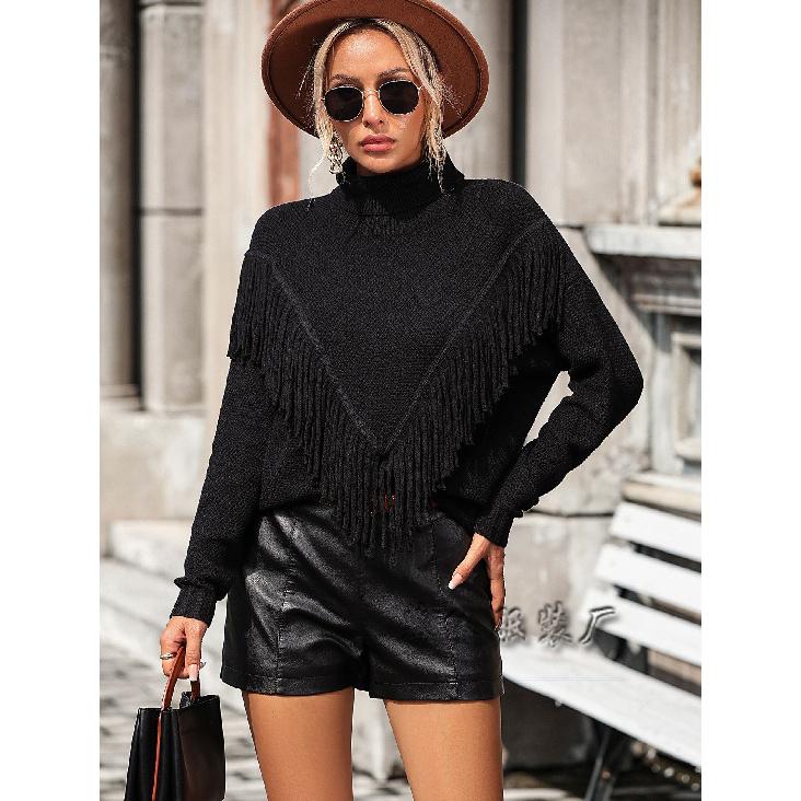 2024 Autumn And Winter New European And American Women'S Loose Tassel Solid Color Knitted Sweater High Neck Sweater