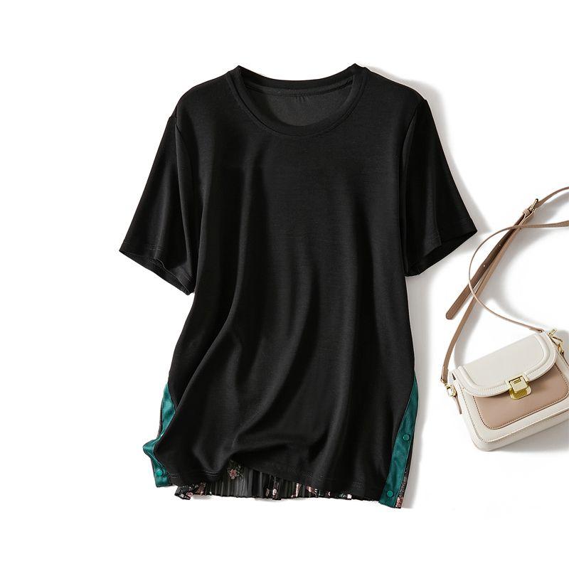 

Penny-Level Sense! Shuya Girl Ruched Sanzhai Organ Fake Two-Piece Long Tencel Cotton T-shirt Summer Old Pink Forced Entry Black L