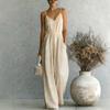 Women Sleeveless Solid Color Jumpsuit V Neck Wide Leg Casual Romper Elastic Waist Adjustable Straps Lightweight Fabric