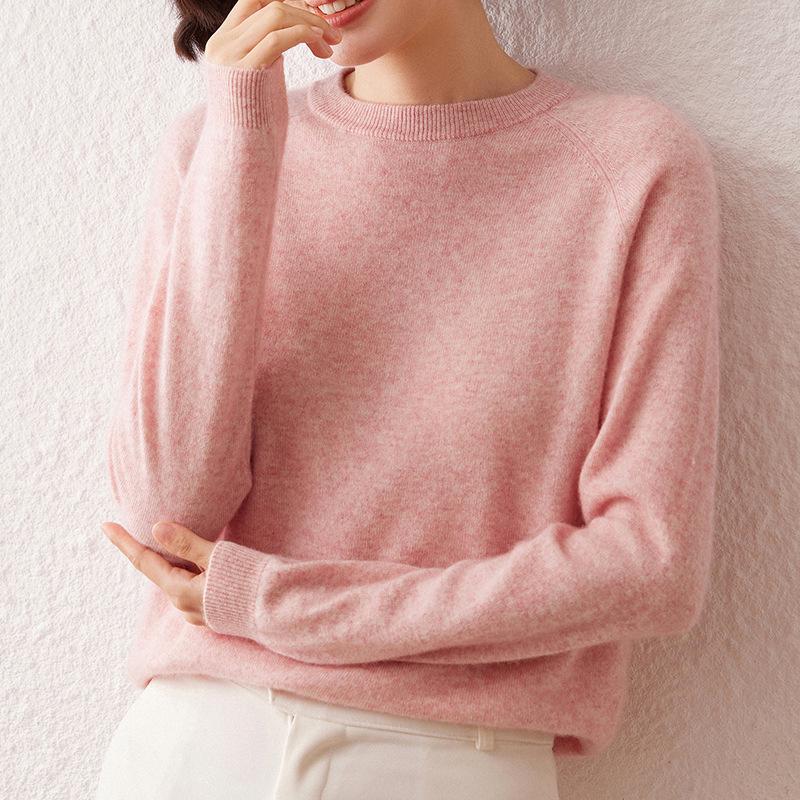 Women's Cashmere Sweater, Autumn/Winter 2026, Round Neck, Raglan Sleeve, Gentle, Loose Slimming Fit, Solid Color.