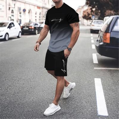 The Latest 3D Print Gradient T-shirt and Shorts Set Men's Short Sleeved O-neck Top Casual and Fashionable Skateboarding Sportswear Set