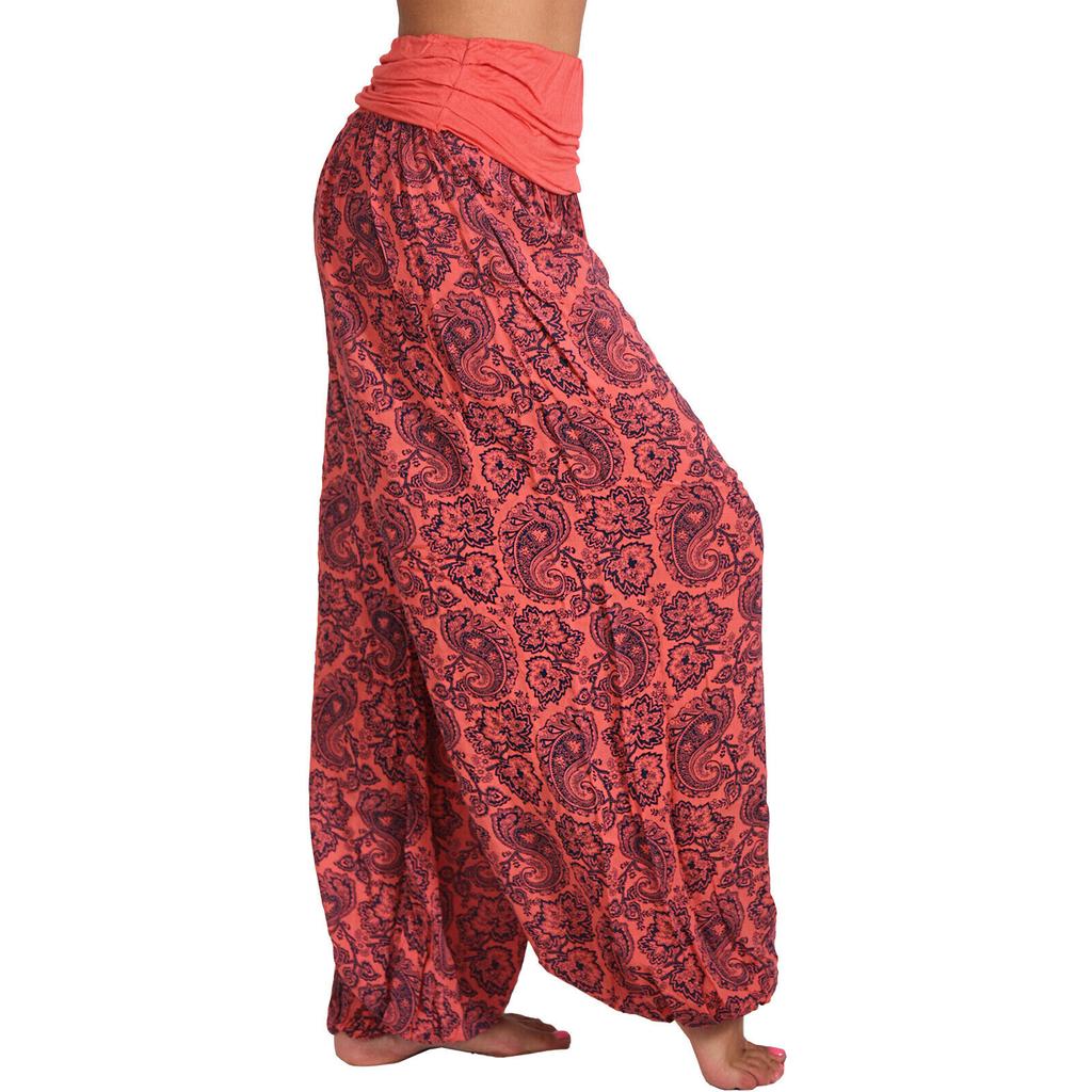 Women Casual Boho Print Pants Wide Leg Pants Loose Pocket Button Pants