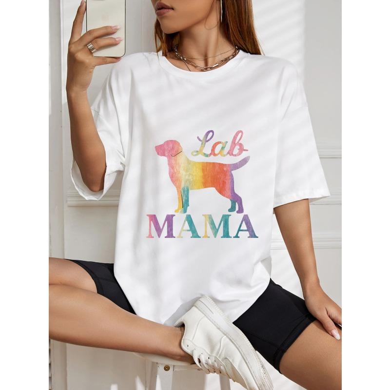 White Oversized T Shirt With Rainbow Lab Dog And Lab Mama Print For Casual Wear
