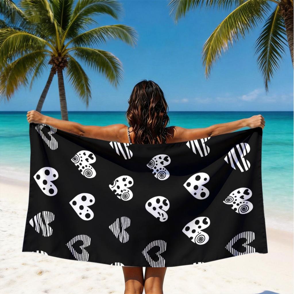 Geometric Heart Pattern Microfiber Beach Towel 2D Flat Printed Waterproof Sandproof Travel Bath Towel For Seaside Holiday