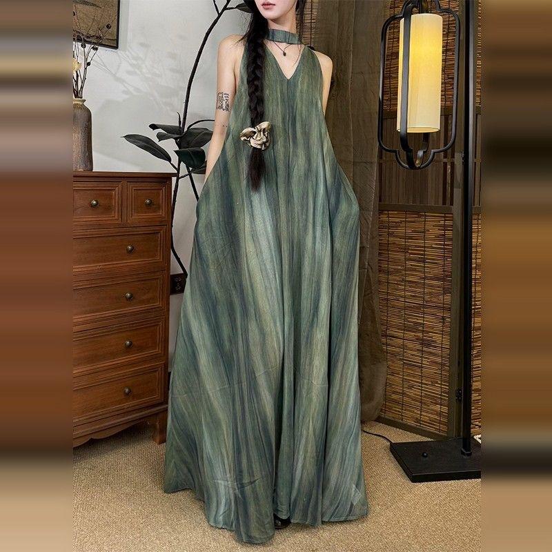 Summer women s new green v-neck suspender dress French smudge neck seaside vacation dress S зелёный