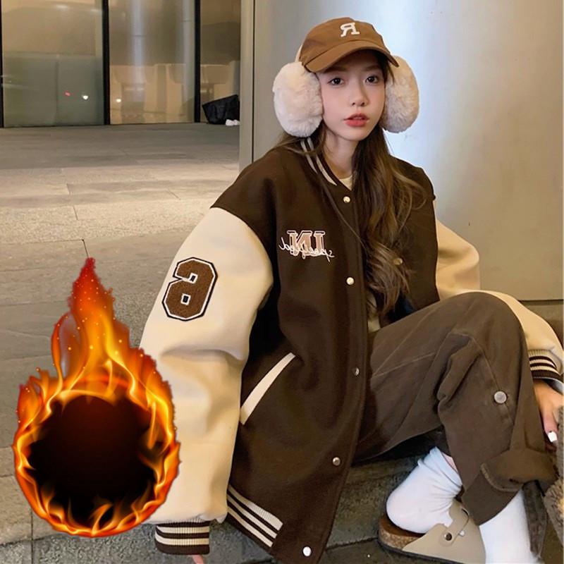 

Women s Winter Trendy Korean Velvet Baseball Jacket with Embroidery XL кофейный