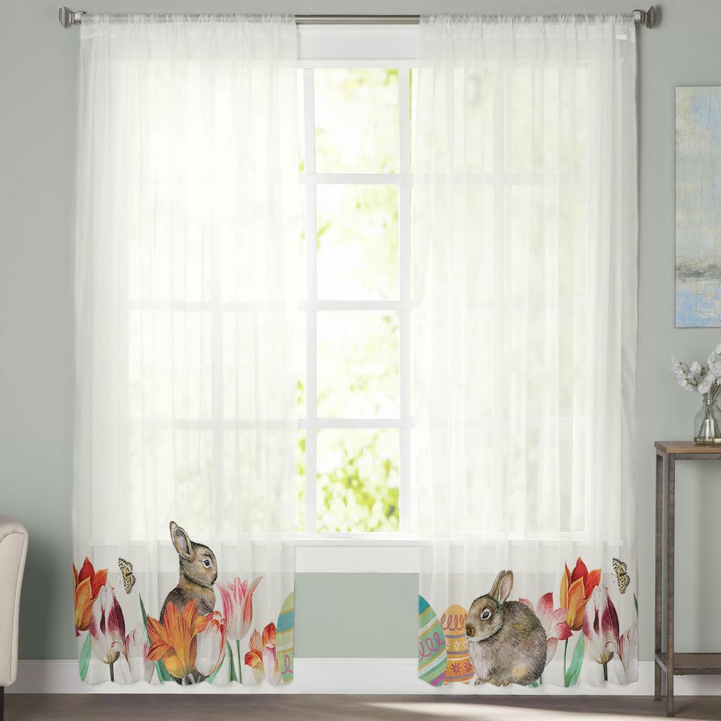 Easter Egg Tulip Flower Bunny Rabbit Tulle Curtains For Living Room Bedroom Voile Sheer Curtain Window Home Decor Drapes