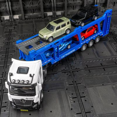 Camion de Transport cu Remorcă cu Două Etaje pentru Inginerie de Simulare, Model de Mașină din Aliaj cu 4 Mașini