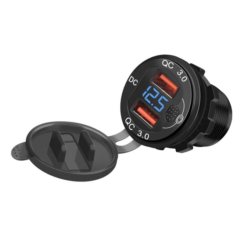 Dual QC3.0 Port USB Car Charger Adapter12-24V with Voltmeter ON/Off Switch