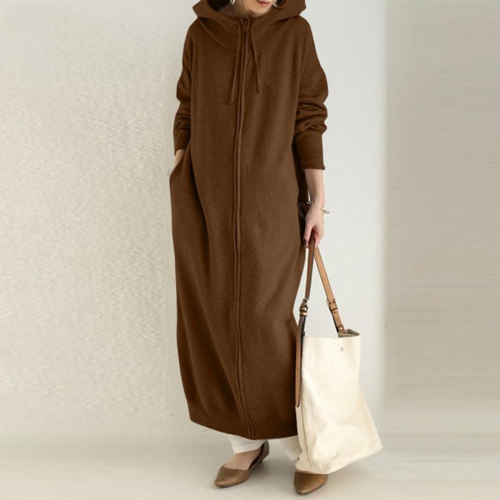 Damen Plus Size Einfarbige Kapuzen-Reißverschluss-Langarm-Sweatshirt-Kleid mit Fleecefutter Lässige Langarm-Sportjacke