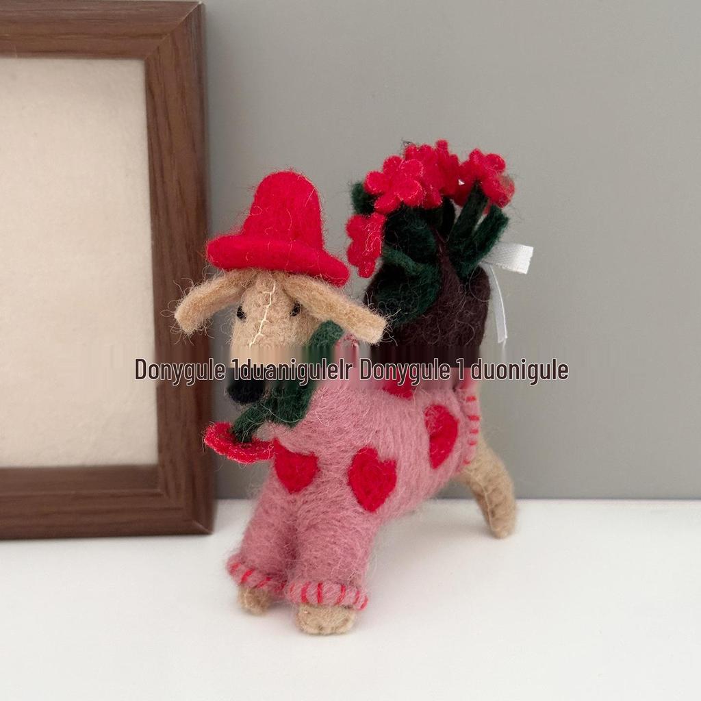Doni Gulo Handmade Dachshund Wool Felt Pendant: Flower Basket Heart Keychain & Car Charm Gift