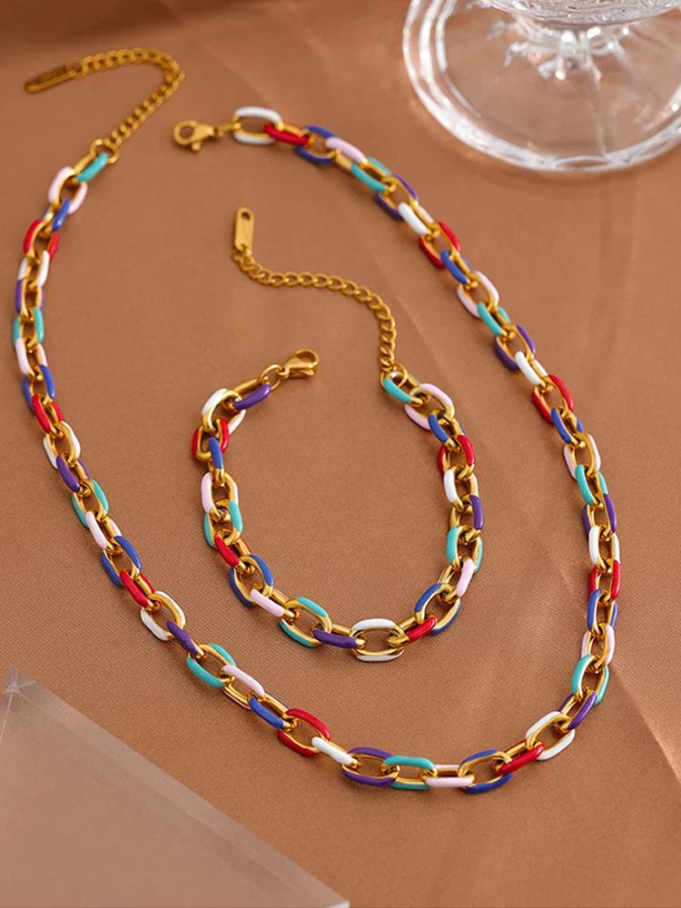 Colourful Enamel Necklace Bracelet For Women Stainless Steel 18K Gold Plated Waterproof Women's Neck Chain Bracelets Zircon Set