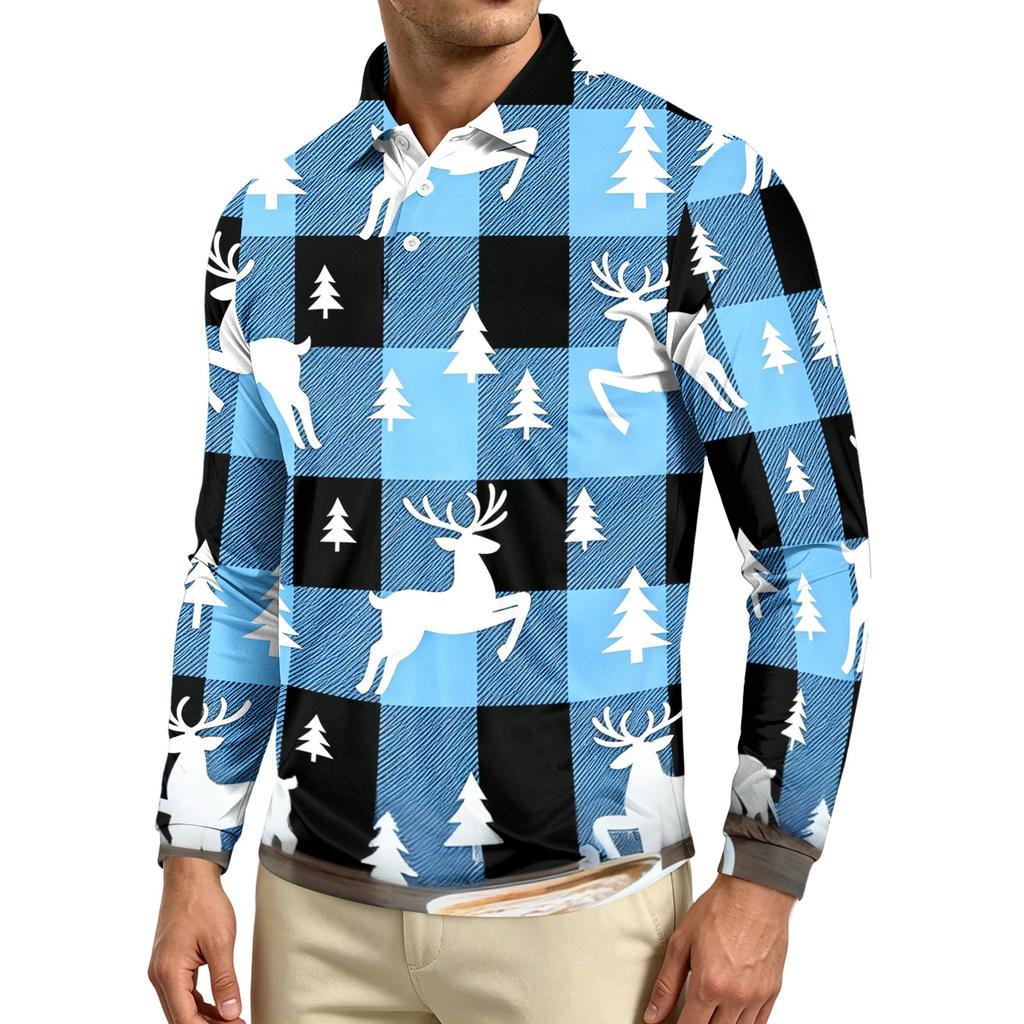 Men's Casual Long Sleeve Round Neck T-Shirt with Christmas Print for Holiday Party