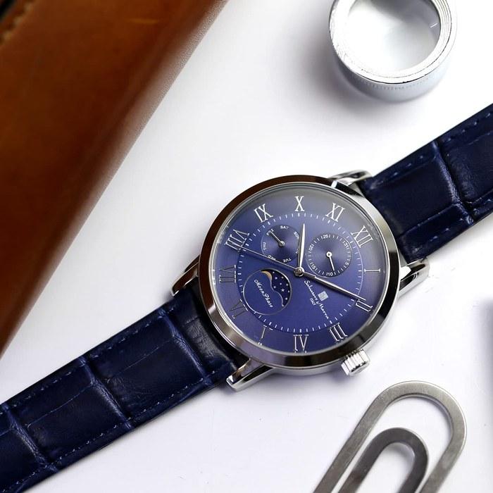 [Salvatore Marra] Watch Moon Phase Multi-Calendar 50m Waterproof Business Formal Men's Leather Strap Limited Edition Silver Blue