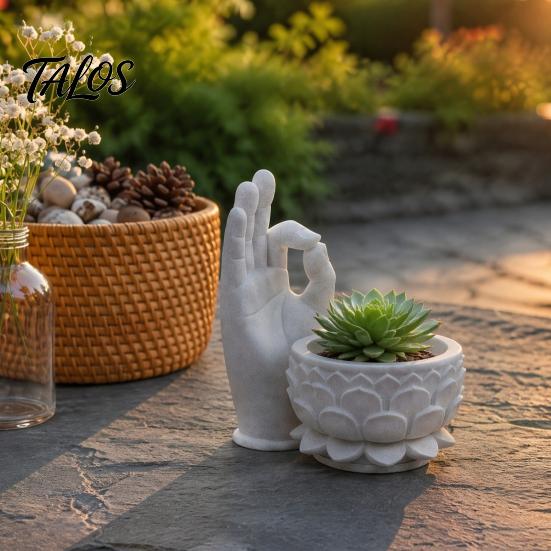 Office Desk Organizer 3D Printed OK Buddha Hand Lotus Flower Pot, Zen Style Mini Planter, Stone Texture Tabletop Ornament Desktop for Succulents
