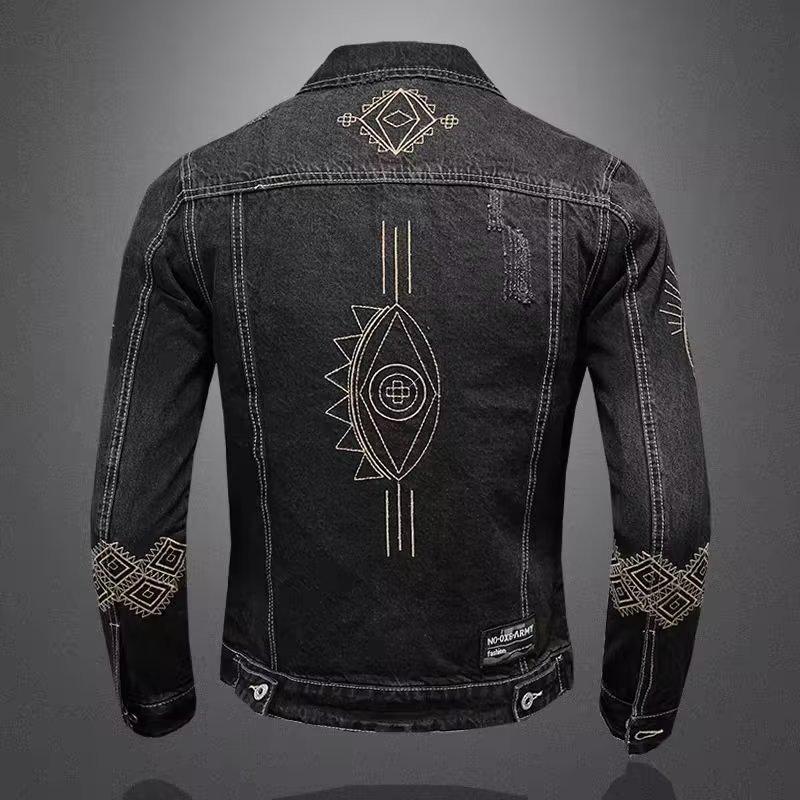 Men's Retro Embroidered Denim Jacket – European & American Style, Autumn/Winter Casual Loose Lapel Workwear.