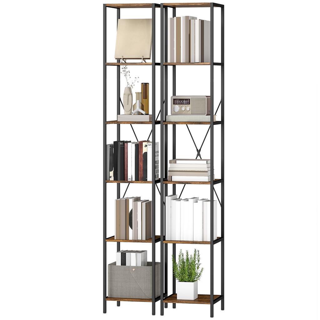 Set of 2 6-Level Bookshelves, Steel Frame, for Living Room, Office, Bedroom, Rustic Brown